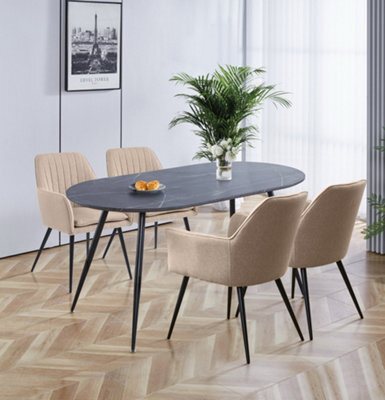 Hallowood Furniture Cullompton Large 160Cm Oval Table, Grey Marble Effect Top, With 4 Light Brown Fabric Arm Chairs - image 1