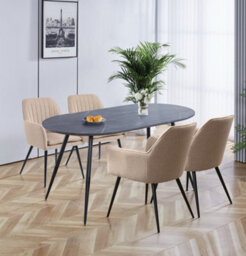 Hallowood Furniture Cullompton Large 160Cm Oval Table, Grey Marble Effect Top, With 4 Light Brown Fabric Arm Chairs