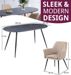 Hallowood Furniture Cullompton Large 160Cm Oval Table, Grey Marble Effect Top, With 4 Light Brown Fabric Arm Chairs - thumbnail 3