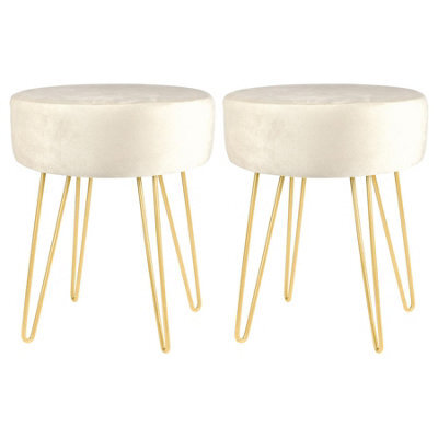 Harbour Housewares 2X Velvet Footstools - Round Modern Dressing Table Footstool Vanity Seat Chairs - 40 X 35Cm - Cream/gold - image 1