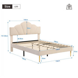 Velvet Upholstered Bed,double Bed-4Ft6(135X190Cm), Shell-Like Bed With Golden Iron Legs, Wooden Slatted Frame, Beige - thumbnail 2