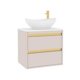 Royal Bathrooms Orion 600mm Warm Taupe Wall Hung Plain White Countertop Vanity Unit 2 Drawer With Amaze Basin & Brushed Brass Accent Trim - thumbnail 6