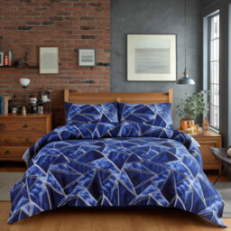 Duvet Cover And Pillowcase Set Navy Blue Triangle Print Design Polycotton Bed Linen Blue - thumbnail 1