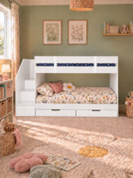 White Low Single Staircase Bunk Bed With Wardrobe, Shelves And Drawers With Luxury Memory Pocket Mattresses - thumbnail 2