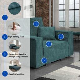 Single Sofa Bed With Bedding Storage Viva Star I Green Poso Fabric Pull Out Seat Wooden Frame Freestanding Modern Living Room - thumbnail 6