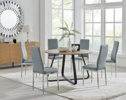 Furniturebox Uk Santorini Brown Wood Effect Round Dining Table & 6 Grey Milan Chrome Leg Chairs
