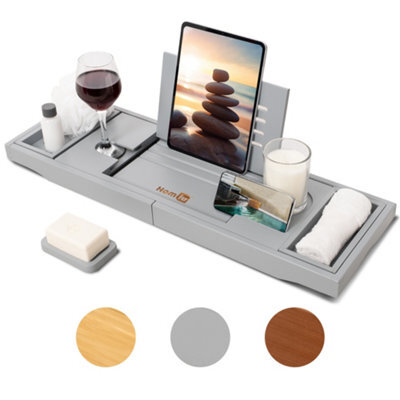 Homiu Bamboo Bathtub Caddy Tray Expandable Bath Caddy Organizer W/ Book Ipad Kindle Stand - image 1