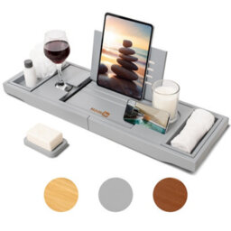 Homiu Bamboo Bathtub Caddy Tray Expandable Bath Caddy Organizer W/ Book Ipad Kindle Stand