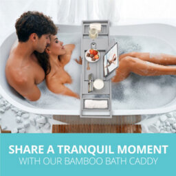 Homiu Bamboo Bathtub Caddy Tray Expandable Bath Caddy Organizer W/ Book Ipad Kindle Stand - thumbnail 5