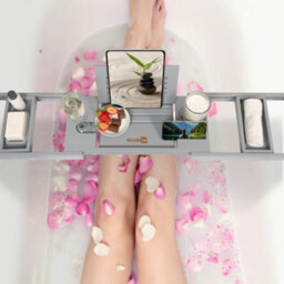 Homiu Bamboo Bathtub Caddy Tray Expandable Bath Caddy Organizer W/ Book Ipad Kindle Stand - thumbnail 4