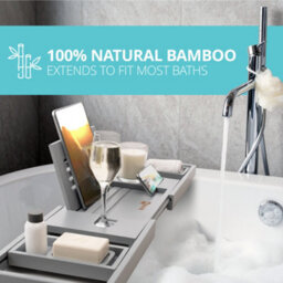 Homiu Bamboo Bathtub Caddy Tray Expandable Bath Caddy Organizer W/ Book Ipad Kindle Stand - thumbnail 6