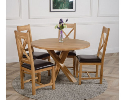 That's Furniture Oregon Round Oak Dining Table And 4 Chairs Dining Set With Berkeley Brown Leather Chairs - image 1