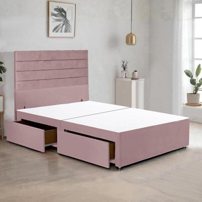 Pink Plush Fabric 4Ft6 Double Bed Frame With 48 Inch Horizontal Line Headboard And 2 Drawers - image 1