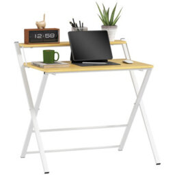 Homcom Folding Desk With 2-Tier Shelf For Home Office, Maple Wood-Effect - thumbnail 2