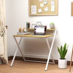 Homcom Folding Desk With 2-Tier Shelf For Home Office, Maple Wood-Effect - thumbnail 1