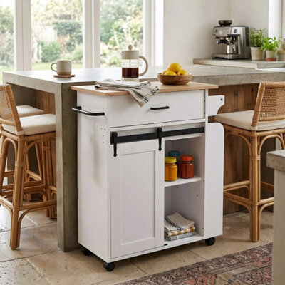 Mobile Kitchen Island Cart Wooden Top Built In Uk Socket Rolling Storage Cabinet - image 1