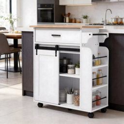 Mobile Kitchen Island Cart Wooden Top Built In Uk Socket Rolling Storage Cabinet - thumbnail 3