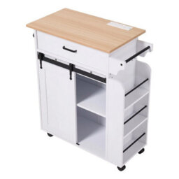 Mobile Kitchen Island Cart Wooden Top Built In Uk Socket Rolling Storage Cabinet - thumbnail 7