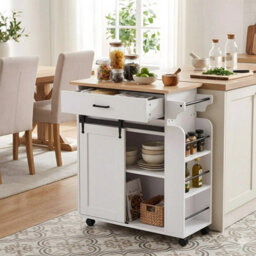 Mobile Kitchen Island Cart Wooden Top Built In Uk Socket Rolling Storage Cabinet - thumbnail 4