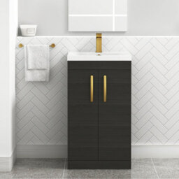 Royal Bathrooms Turin Hale Black 500mm Floor Standing Vanity Unit 2 Door With Mid-Edge Basin Sink & Brushed Brass Handles - thumbnail 1