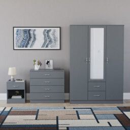 Lassic Vida Designs Riano 3 Piece Bedroom Set (1 Drawer Bedside Chest, 4 Drawer Chest, 3 Door 2 Drawer Mirrored Wardrobe), Grey - thumbnail 7