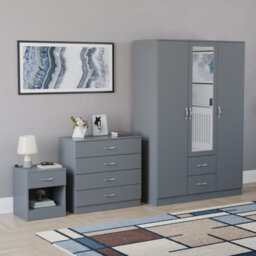 Lassic Vida Designs Riano 3 Piece Bedroom Set (1 Drawer Bedside Chest, 4 Drawer Chest, 3 Door 2 Drawer Mirrored Wardrobe), Grey - thumbnail 6