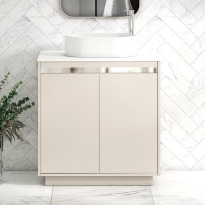 Royal Bathrooms Orion 800mm Warm Taupe Floor Standing Plain White Countertop Vanity Unit 2 Door With Peak Basin & Chrome Accent Trim - image 1