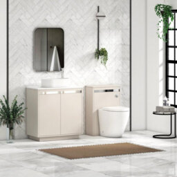 Royal Bathrooms Orion 800mm Warm Taupe Floor Standing Plain White Countertop Vanity Unit 2 Door With Peak Basin & Chrome Accent Trim - thumbnail 3