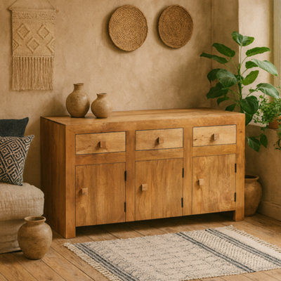 Wyld Haus Manila Light Mango Wood Large Sideboard 3 Drawers 3 Doors - image 1
