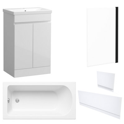 FNX Bathrooms Waterproof 600mm Vanity Unit With Single Ended Bath, Gloss White Panels & Matt Black Profile Bath Screen - image 1