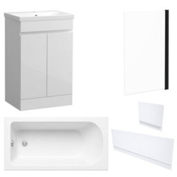 FNX Bathrooms Waterproof 600mm Vanity Unit With Single Ended Bath, Gloss White Panels & Matt Black Profile Bath Screen - thumbnail 1