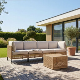 Wyld and Coco Veranda Luxe Outdoor 4-Seater Modular Sofa Set - Light Beige Pe Rattan, Powder-Coated Steel Frame, Glass Coffee Table - thumbnail 2