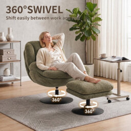 Homcom Chenille Lazy Chair With Ottoman, 360 Swivel, Dark Green - thumbnail 5
