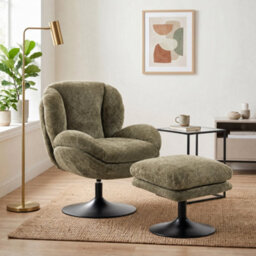 Homcom Chenille Lazy Chair With Ottoman, 360 Swivel, Dark Green - thumbnail 1
