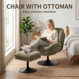 Homcom Chenille Lazy Chair With Ottoman, 360 Swivel, Dark Green - thumbnail 4