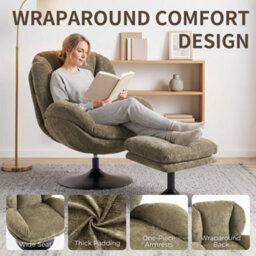 Homcom Chenille Lazy Chair With Ottoman, 360 Swivel, Dark Green - thumbnail 7