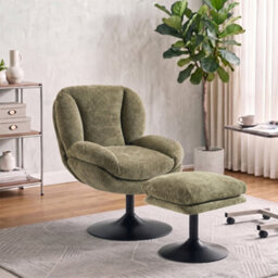 Homcom Chenille Lazy Chair With Ottoman, 360 Swivel, Dark Green - thumbnail 2