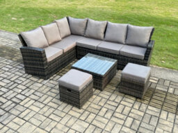 Fimous 8 Seater Outdoor Furniture Garden Dining Set Rattan Corner Sofa Set With Square Coffee Table 2 Small Footstools - thumbnail 1