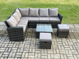 Fimous 8 Seater Outdoor Furniture Garden Dining Set Rattan Corner Sofa Set With Square Coffee Table 2 Small Footstools - thumbnail 2