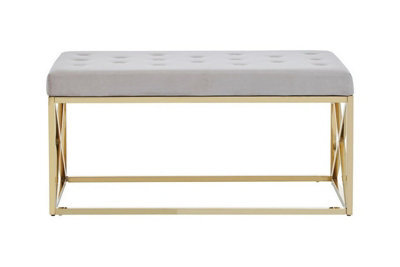 Orsina Mink Velvet Gold Finish Bench, Tufted Velvet Seating For Bedroom Or Living Room, Stainless Steel Frame Bench - image 1