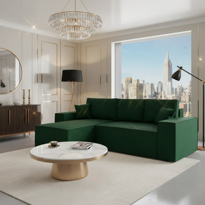 Malaga L Shaped Mdf Corner Sofa Bed With Storage And Pull Out Seat Loose Back Cushions Green Left - image 1