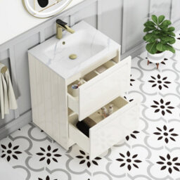 Royal Bathrooms Elmore 600mm Traditional Floor Standing 2 Drawer Bathroom Vanity Unit With Sintered Stone Basin Sink Classic White - thumbnail 5