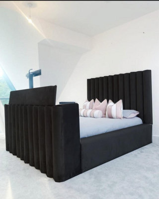 Stratus Interiors Lined Tv Panel Bed - Modern Upholstered Bed Frame With Built-In Tv Lift - Non Storage - Super King - image 1