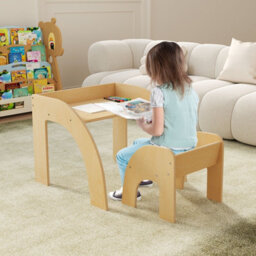 Costway Kids Desk And Chair Set Wooded Toddler Play Table Activity Table Set, Natural - thumbnail 4