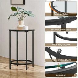 Round End Side Table Bedside Table W/glass Top And Metal Frame For Living Room - thumbnail 4