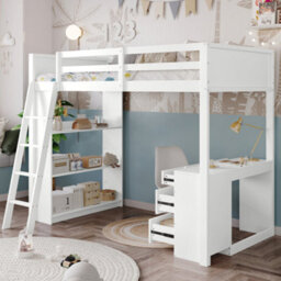 Btm White Wooden 3Ft Teenage Loft Bed 90X190Cm Space Saving With Ladder Desk Drawers Shelves Multi Functional Sleep Work Bed - thumbnail 2