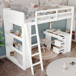 Btm White Wooden 3Ft Teenage Loft Bed 90X190Cm Space Saving With Ladder Desk Drawers Shelves Multi Functional Sleep Work Bed - thumbnail 1