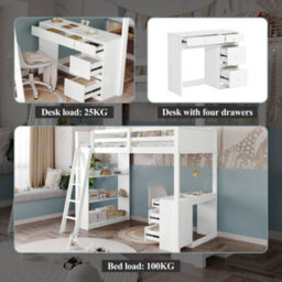 Btm White Wooden 3Ft Teenage Loft Bed 90X190Cm Space Saving With Ladder Desk Drawers Shelves Multi Functional Sleep Work Bed - thumbnail 6