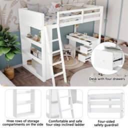 Btm White Wooden 3Ft Teenage Loft Bed 90X190Cm Space Saving With Ladder Desk Drawers Shelves Multi Functional Sleep Work Bed - thumbnail 5