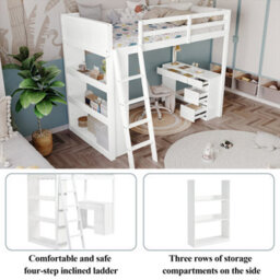 Btm White Wooden 3Ft Teenage Loft Bed 90X190Cm Space Saving With Ladder Desk Drawers Shelves Multi Functional Sleep Work Bed - thumbnail 7